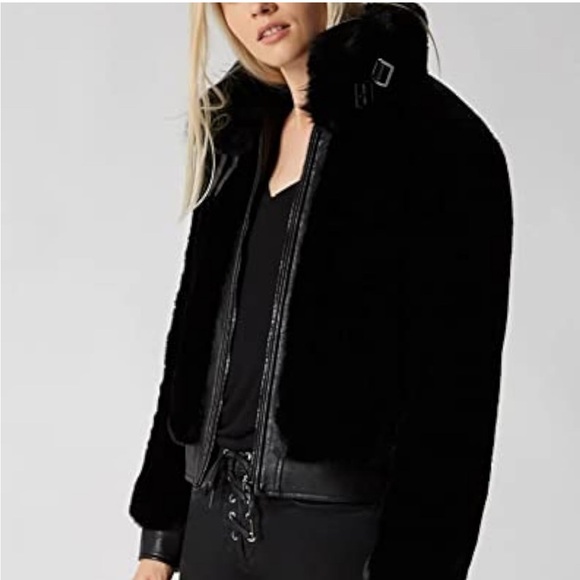BLANK NYC Black Coat with Buckles Moto Inspired With Faux Fur Size L - Picture 2 of 11